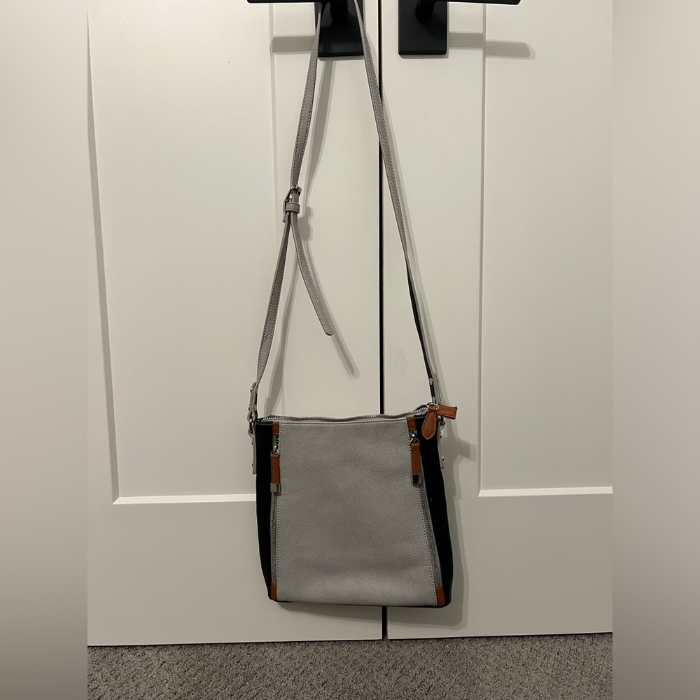 Light Gray & black Crossbody Leather Purse with adj straps